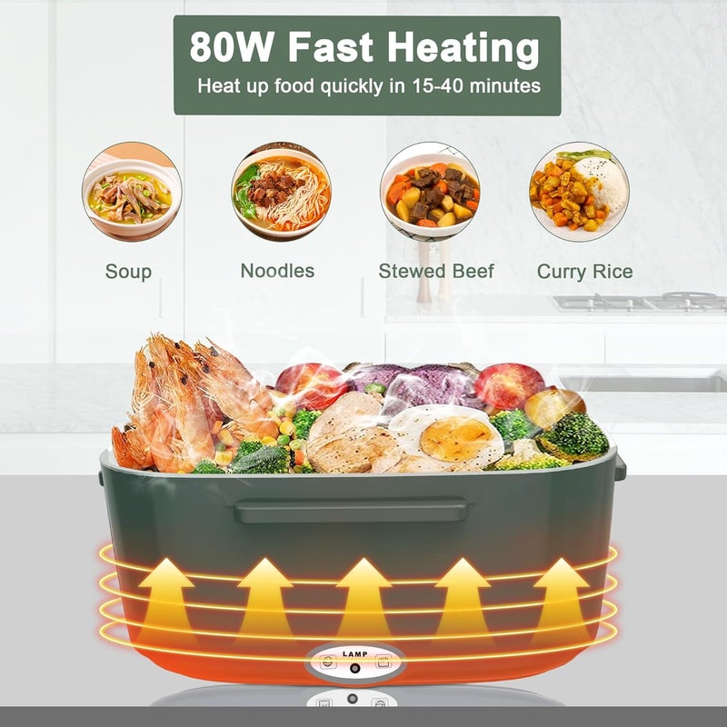 HOLDRUBY Electric Heated Lunch Boxes Adults: 80W Electric Lunch Box Food Heated 12/24/110V 1.5L Heatable Lunch Box for Car/Truck/Office Leak-Proof Stainless Steel Container,Fork & Spoon,Bag (Dark Green) - Image 3
